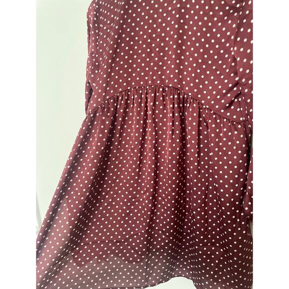 Zara Satin Polka Dot Tunic Top XS Burgundy Hi Low Button Up Blouse Tie Sleeve - Picture 9 of 11